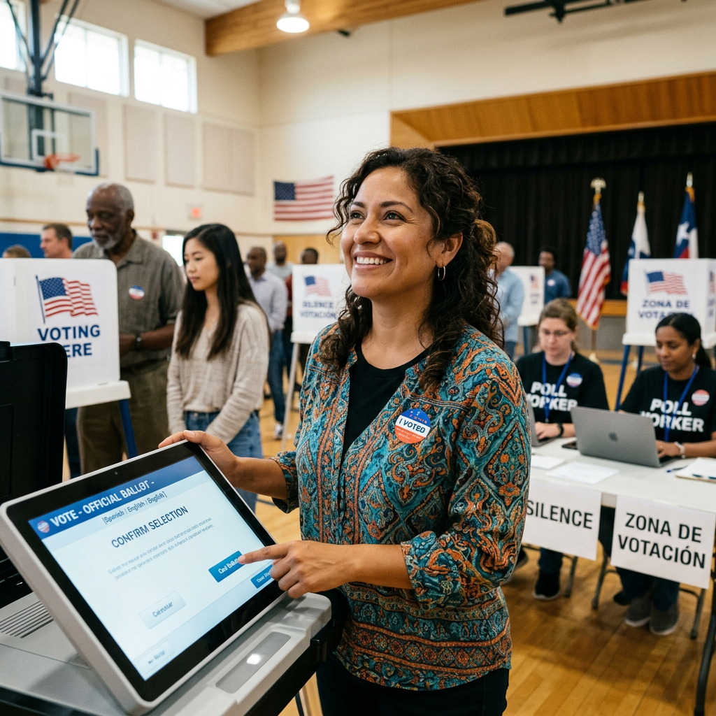 Woman confirming her vote on a digital ballot machine at a polling station